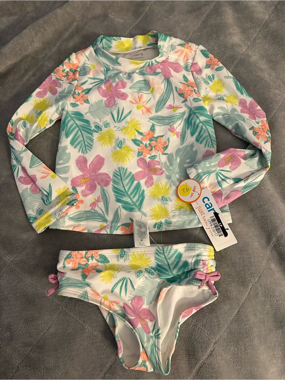Carter's Girls' Floral Long Sleeve Rash Guard Swim Set - White with Pink & Teal